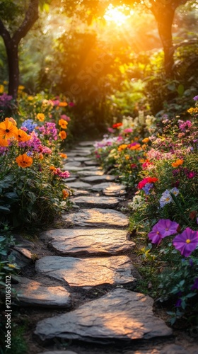 Colorful flower garden path illuminated by warm sunlight during a serene evening walk