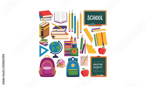 Colorful School Supplies and Learning Tools Books, Backpacks, Chalkboards, and Stationery