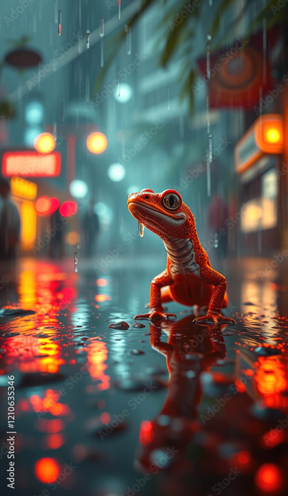 red gecko standing on wet pavement at night with neon city lights
