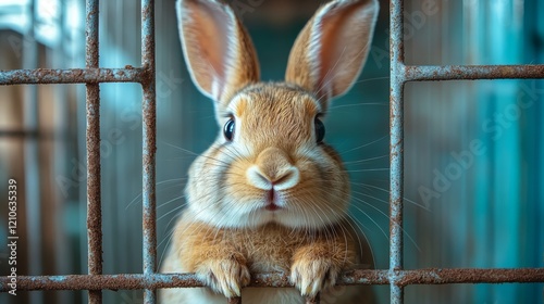 Cute fluffy rabbit looking at the camera with other rabbits in background on ...
