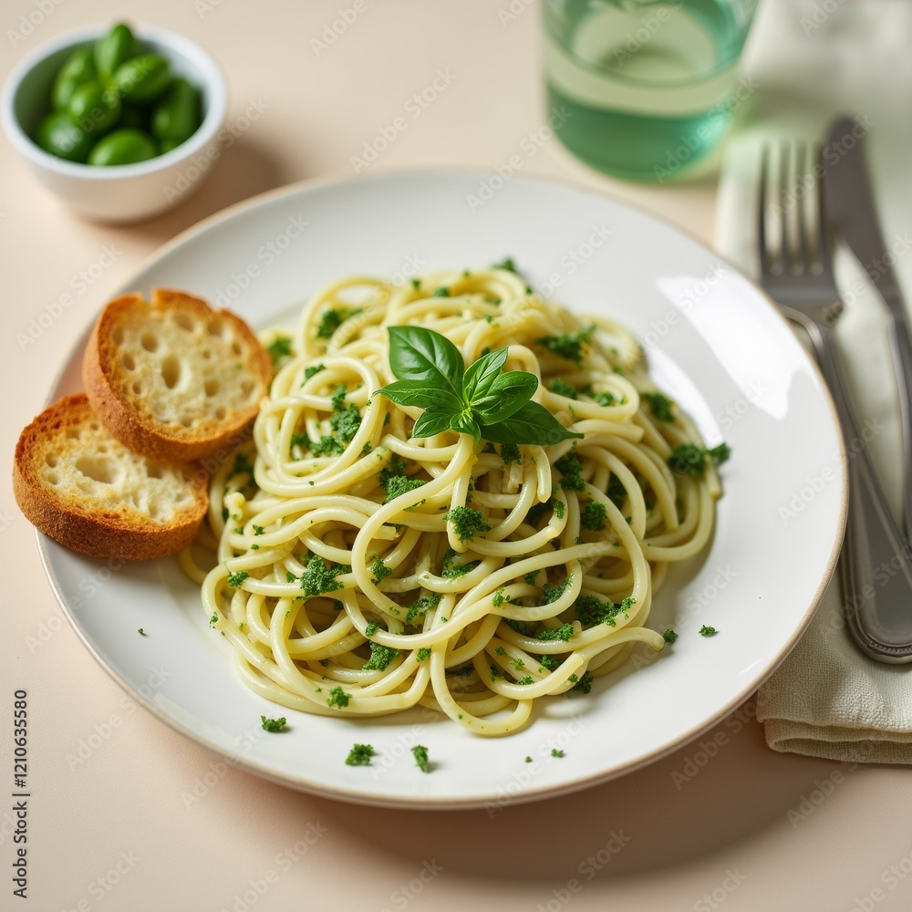 The image shows a plate of spaghetti on a white plate with a fork and knife on the right side. The spaghetti is cooked al dente and is garnished with fresh basil leaves. The image shows a plate of spaghetti on a white plate with a fork and knife on the right side. The spaghetti is cooked al dente and is garnished with fresh basil leaves.