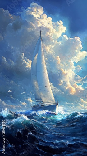 Sailing on a vibrant ocean with white sails under a bright blue sky and drama...