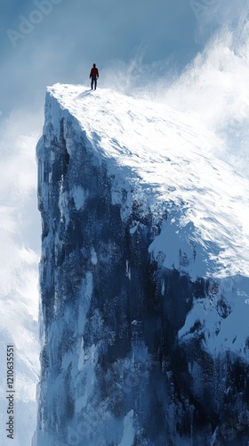 Winter hiker trudges through deep snow on a mountain path surrounded by frost...