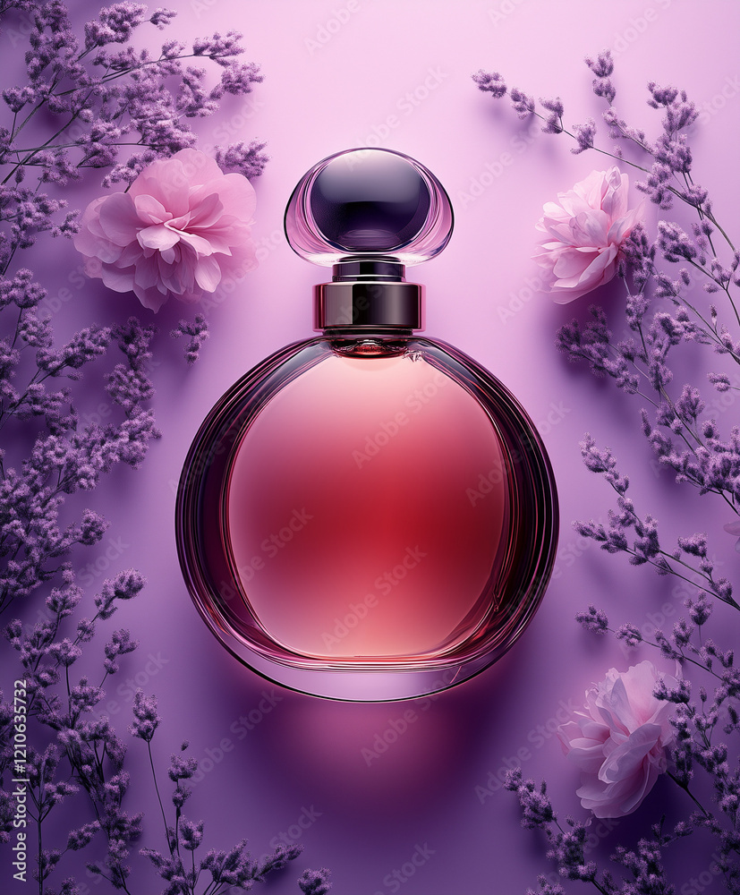 Elegant bottle of women's perfume with delicate fragrances on a lilac background with flowers peon pink . Empty packaging. presentation