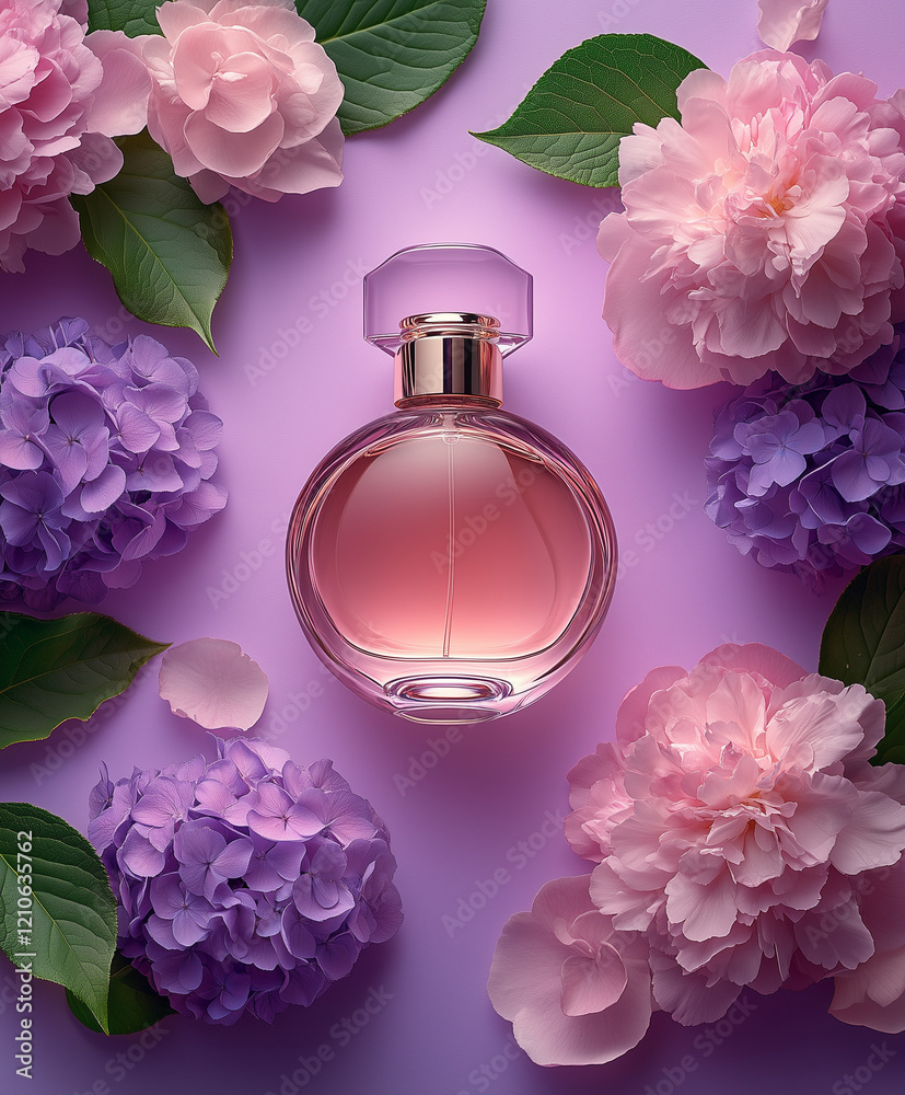 Elegant bottle of women's perfume with delicate fragrances on a lilac background with flowers peon pink . Empty packaging. presentation