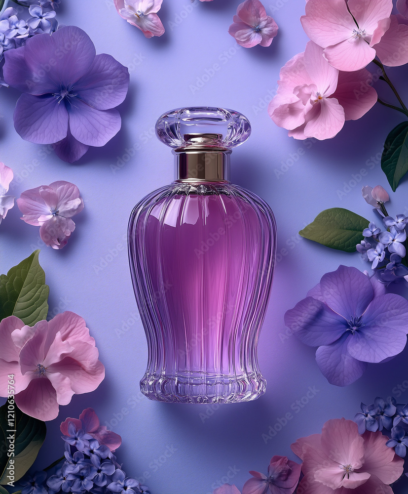 Elegant bottle of women's perfume with delicate fragrances on a lilac background with flowers peon pink . Empty packaging. presentation