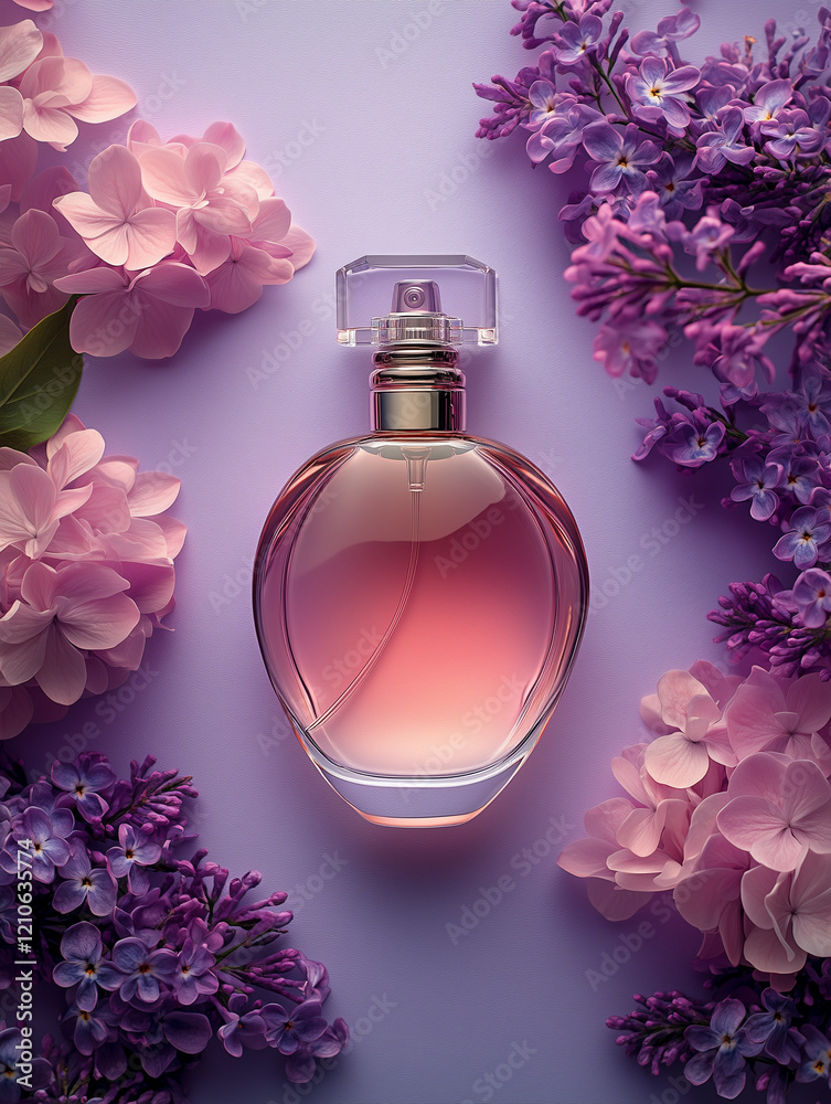 Elegant bottle of women's perfume with delicate fragrances on a lilac background with flowers peon pink . Empty packaging. presentation