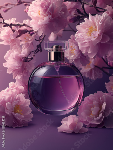 Elegant bottle of women's perfume with delicate fragrances on a lilac background with flowers peon pink . Empty packaging. presentation