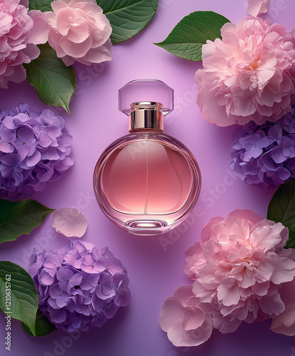 Obraz na płótnie Elegant bottle of women's perfume with delicate fragrances on a lilac background with flowers peon pink . Empty packaging. presentation w salonie