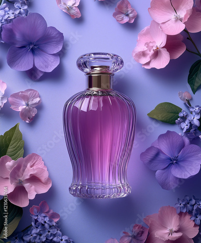 Obraz na płótnie Elegant bottle of women's perfume with delicate fragrances on a lilac background with flowers peon pink . Empty packaging. presentation w salonie