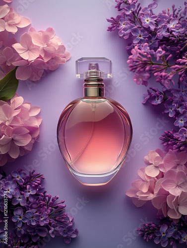 Obraz na płótnie Elegant bottle of women's perfume with delicate fragrances on a lilac background with flowers peon pink . Empty packaging. presentation w salonie