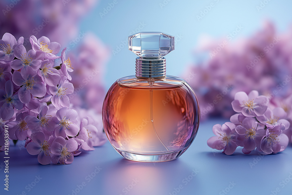 Elegant bottle of women's perfume with delicate fragrances on a lilac background with flowers peon pink . Empty packaging. presentation
