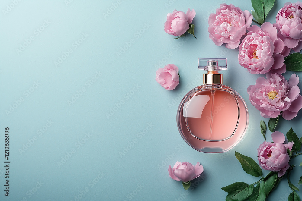 Elegant bottle of women's perfume with delicate fragrances on a lilac background with flowers peon pink . Empty packaging. presentation