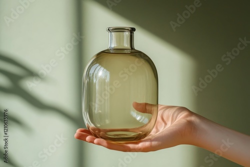 Hand holding a clear glass vase with a rounded shape against a neutral backgr...