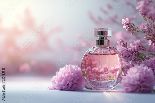 Elegant bottle of women's perfume with delicate fragrances on a lilac background with flowers peon pink . Empty packaging. presentation