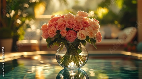 Beautiful bouquet of flowers floating in serene swimming pool beside elegant ...