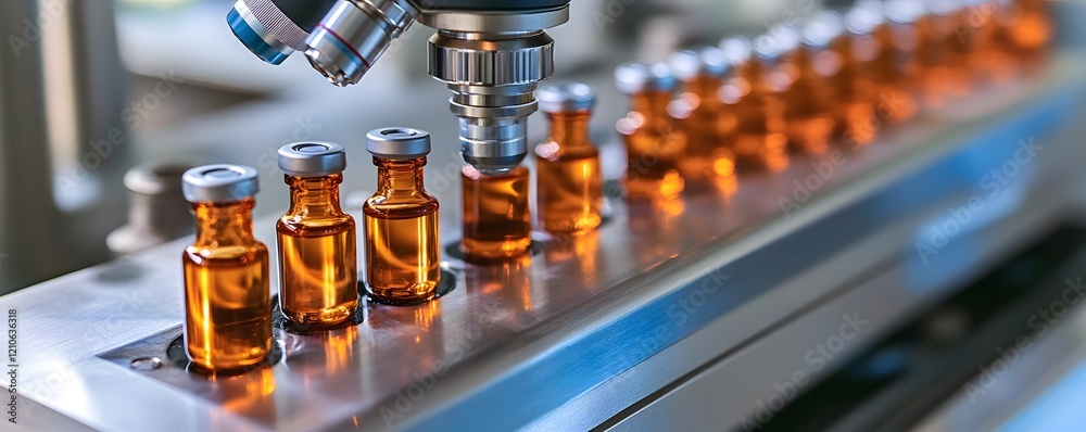 A close-up view of a modern pharmaceutical production line with amber vials being filled, showcasing advanced manufacturing technology and efficiency. A close-up view of a modern pharmaceutical production line with amber vials being filled, showcasing advanced manufacturing technology and efficiency.