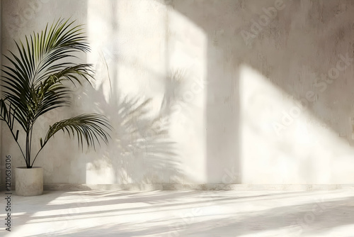 A plaster wall backdrop with a palm shadow for a clean, minimalist look, ideal for creative product placements.