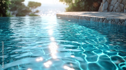 Serene infinity pool reflecting sunlight surrounded by lush greenery at sunset