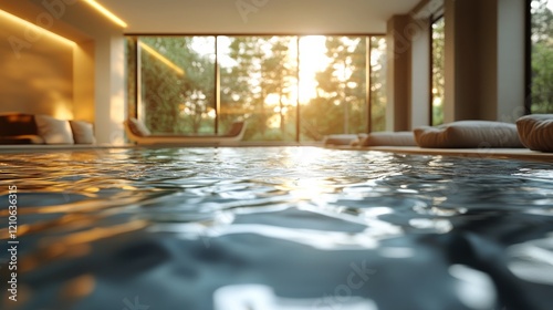 Tranquil indoor pool area with lush greenery and comfortable seating in a mod...