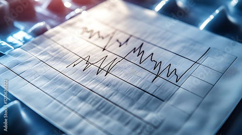 Closeup view of a paper document displaying handdrawn graphs and data.  The cooltoned image evokes a sense of scientific research or medical analysis. photo