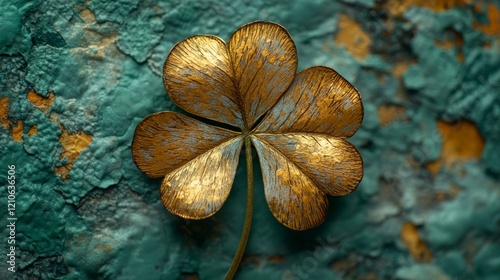 Beautiful golden flower placed on textured green fabric highlighting intricat...