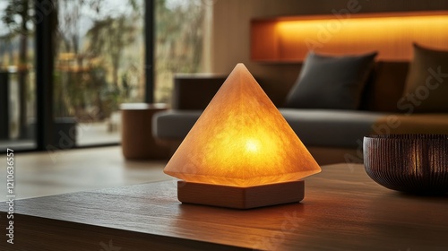 Soft orange light emanates from a unique pyramid sculpture in a serene living...