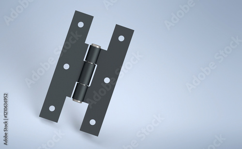 Black iron hinge with six mounting holes on blue background - 3D rendering image.