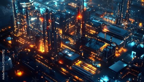 Wallpaper Mural A stunning aerial view of a modern industrial complex illuminated at night, showcasing vibrant lights and intricate structures in a bustling environment. Torontodigital.ca