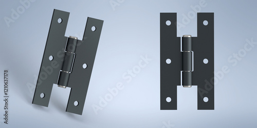 Two black iron hinges with six mounting holes - 3D rendering image.