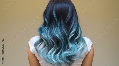 Woman showcasing long wavy blue ombre hair