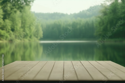 wide shot of calm lakeside with wooden dock extending into still waters surrounded by blurred greenery photo