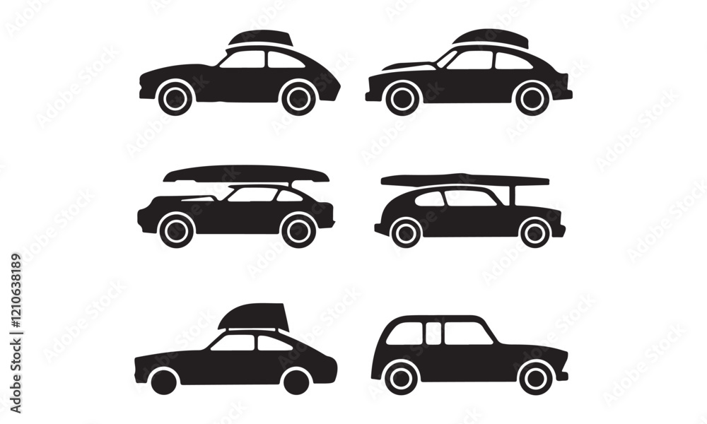 Silhouette Car Icons Vehicles with Roof Boxes and Canoes Silhouette Car Icons Vehicles with Roof Boxes and Canoes