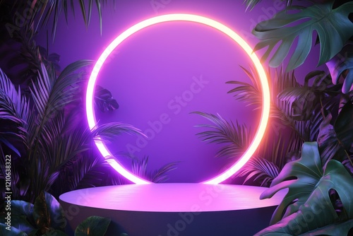 Large purple circle with neon lights in the middle of a jungle