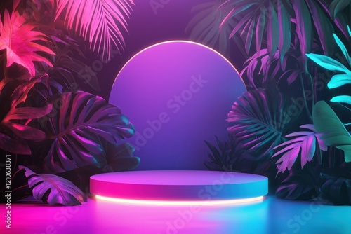 Podium with a tropical jungle background. Neon lights in pink, purple, and blue colors.
