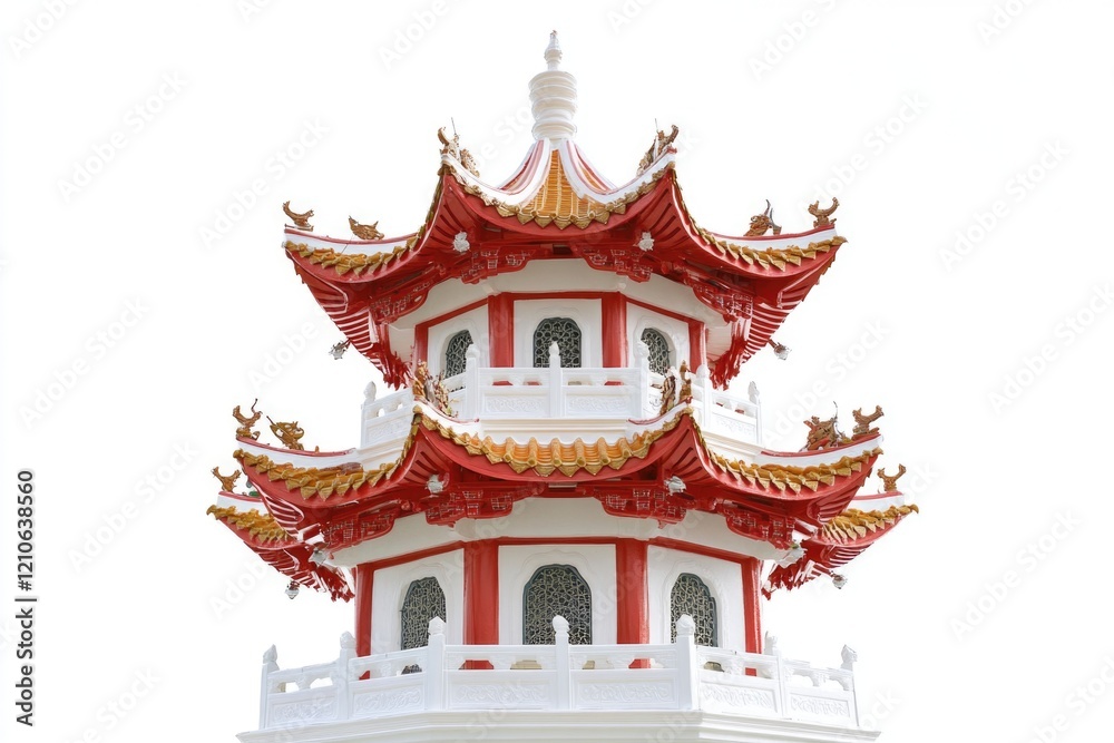 Naklejka premium A historic red and white clock tower building with a prominent clock face