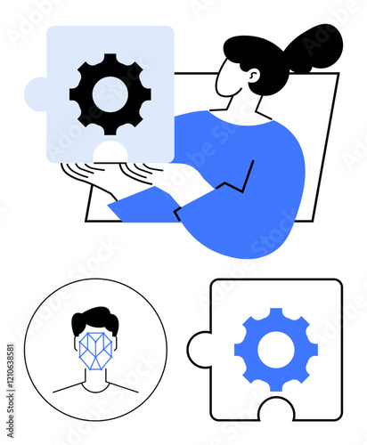 Woman holding a gear puzzle piece, representing idea building. Face scan icon in a circle and separate gear puzzle. Ideal for AI, teamwork, problem-solving, innovation, UX design, technology systems