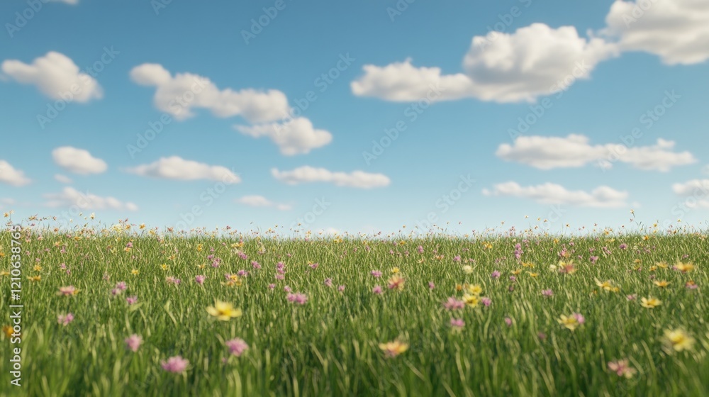 wide shot of field of wildflowers swaying gently in breeze under bright blue sky with fluffy clouds