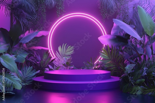 Purple and green jungle scene with a neon circle in the middle