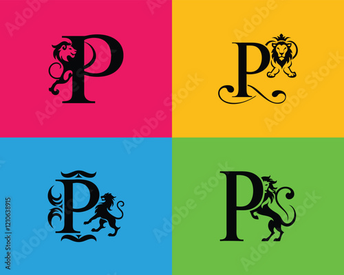 Elegant Lion-Themed Monograms Featuring Letter 'P' on Vibrant Colored Backgrounds. Lion Logo, Adobe Vector Stock.