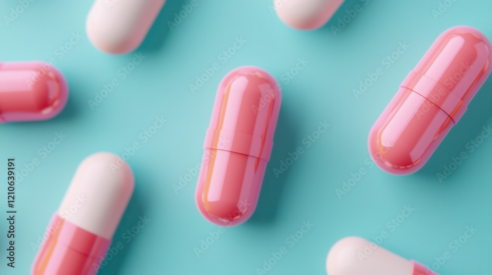 Colorful pink capsules scattered on a blue background, representing medication or supplements in a vibrant and eye-catching layout. Colorful pink capsules scattered on a blue background, representing medication or supplements in a vibrant and eye-catching layout.