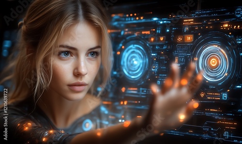 Woman interacts with futuristic holographic interface.