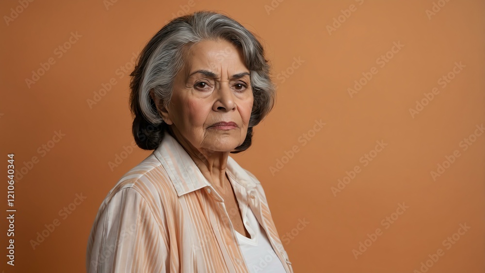 elderly hispanic female in casual wear on pastel color background model portrait looking serious for ad concept space for text elderly hispanic female in casual wear on pastel color background model portrait looking serious for ad concept space for text