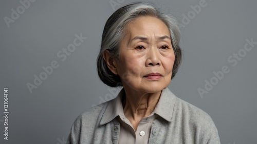 elderly asian female in casual wear on pastel color background model portrait looking serious for ad concept space for text