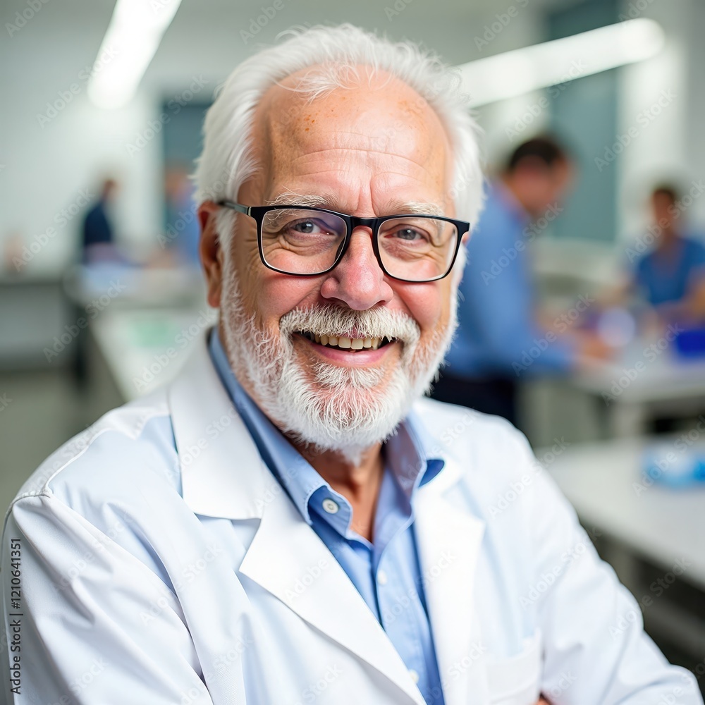 Smiling senior scientist in a lab coat, a portrait showcasing his expertise and friendly demeanor. Smiling senior scientist in a lab coat, a portrait showcasing his expertise and friendly demeanor.