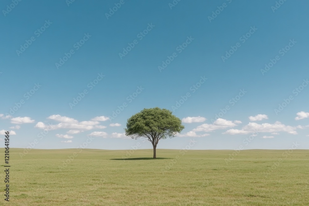 Obraz premium wide shot of single tree standing in open grassy field under bright blue sky with soft white clouds