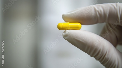 yellow pill in the hands of a doctor, a scientist