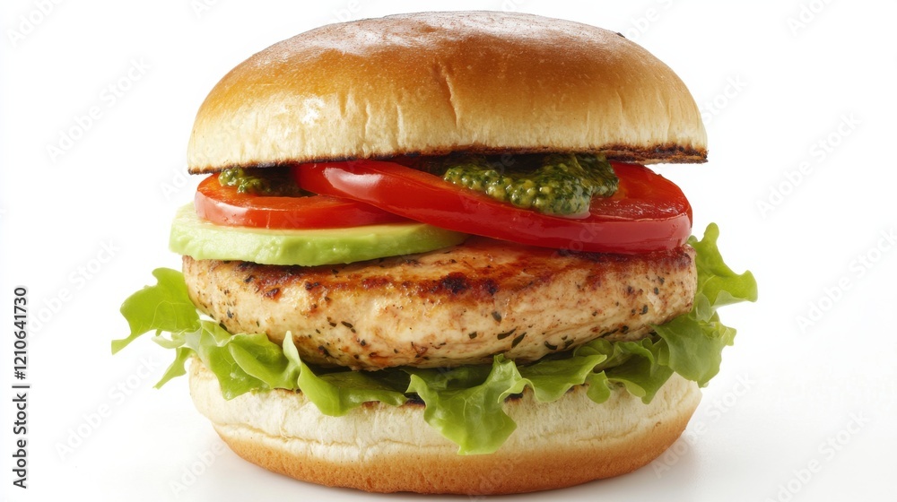 A gourmet turkey burger with a juicy turkey patty, avocado slices, roasted red peppers A gourmet turkey burger with a juicy turkey patty, avocado slices, roasted red peppers