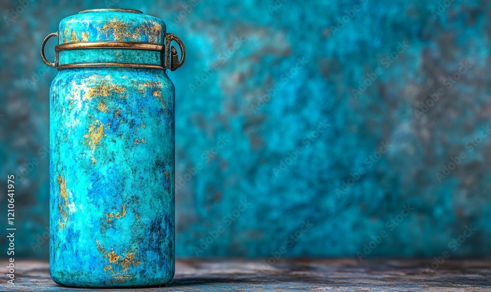 A golden canister, sparkling in the light, sits on a black countertop before a dark and imposing industrial kitchen A golden canister, sparkling in the light, sits on a black countertop before a dark and imposing industrial kitchen