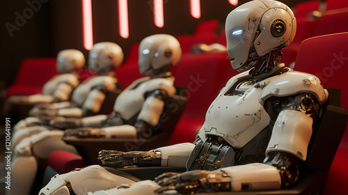 A futuristic cinema with robotic ushers assisting